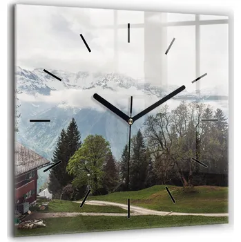 Hodiny Čtvercové Skleněné Nástěnné Hodiny do Kanceláře s Motivem Výhled na Hory 60x60 cm