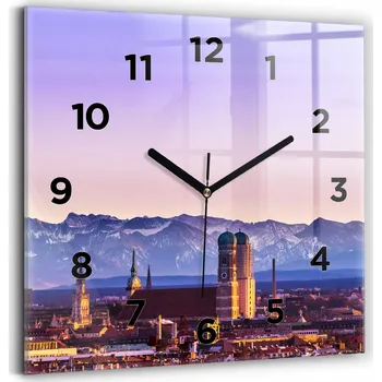 Hodiny Skleněné nástěnné hodiny do kanceláře s motivem Německé Alpy Mnichov 30x30 cm