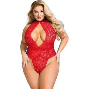 Dámské erotické prádlo Sexy Elephant Plus Size Red Exquisite Lace Open Cup Teddy, XXXL–XXXXL