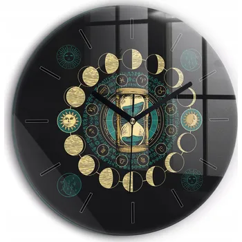 Hodiny Skleněné foto hodiny na zeď Fáze měsíce a přesýpací hodiny kulatý průměr 60 cm