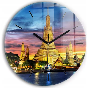 Hodiny Moderní skleněné nástěnné hodiny s potiskem Chrám v Bangkoku průměr 30 cm