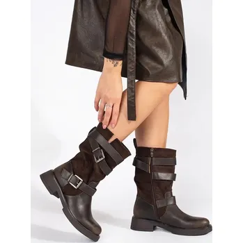 Dámské kozačky Tmavě hnědé kozačky na nízkém podpatku s přezkami, podpatek 4,5 cm M-785BR Velikost: 36