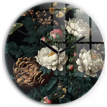 Hodiny Moderní skleněné nástěnné hodiny s potiskem Květina a zlatí motýli průměr 30 cm