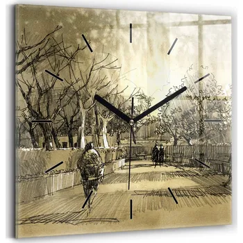 Hodiny Čtvercové Skleněné Nástěnné Hodiny s motivem Park a stromy v sépiové barvě 30x30 cm