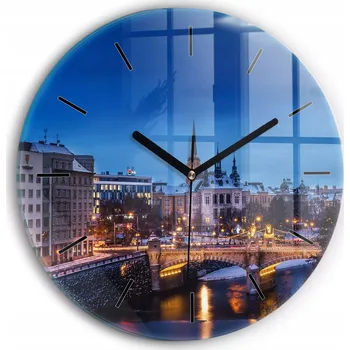 Hodiny Moderní skleněné nástěnné hodiny s potiskem Panorama města Plzeň průměr 30 cm