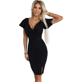 Dámské šaty 479-9 NINA elegantní šaty s obálkovým výstřihem, rukávy a páskem - ČERNÁ XS