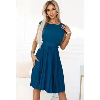 Dámské šaty 311-17 LILA Klasické plisované šaty s krátkými rukávy a páskem - barva MARINE L