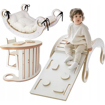 Dětská houpačka Sada houpačka Montessori polštář béžová + stěna + židle, deska, skluzavka CE