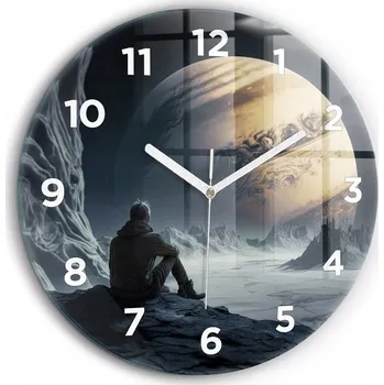 Hodiny Skleněné nástěnné hodiny do obýváku s grafikou Muž na pozadí měsíce průměr 60 cm