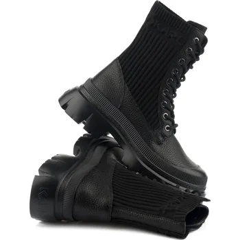 Dámská zimní obuv KOTNÍKOVÁ OBUV KARL LAGERFELD KC HI LACE MIX BOOT BLACK LTHR & TEXTILE