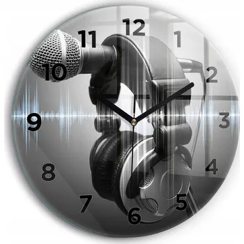 Hodiny Kulatý Skleněné Hodiny Minimalistické Nástěnné Mikrofon a Sluchátka průměr 30 cm