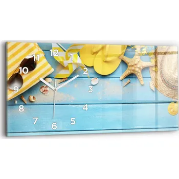 Hodiny Minimalistické skleněné nástěnné hodiny s grafikou Plážové doplňky 60x30 cm