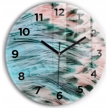 Hodiny Moderní skleněné nástěnné hodiny s potiskem Barevná pírka kulatý průměr 30 cm