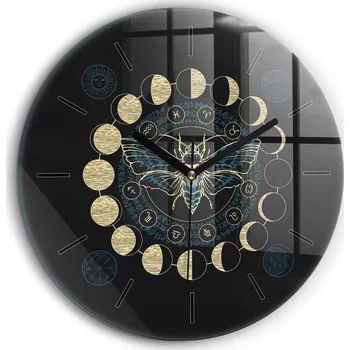 Hodiny Skleněné nástěnné hodiny Fáze měsíce a hmyz kulatý černé ručičky průměr 60 cm