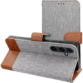 Pouzdro na mobilní telefon Flip pouzdro JEANS Book – Samsung Galaxy A21s, šedé (Flip pouzdro JEANS Book – šedé knížkové pouzdro z textilu pro Samsung Galaxy A21s se stojánkem a kapsami na karty)