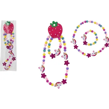 Náramek Náhrdelník a náramek korálky jednorožec dřevo/plast 20cm v sáčku