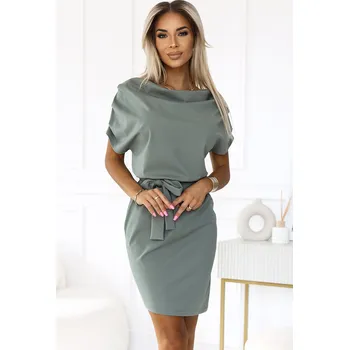 Dámské oblečení 240-4 ROXI šaty s asymetrickou sukní a páskem - barva OLIVE XL