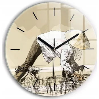 Hodiny Moderní skleněné nástěnné hodiny s potiskem Žena sbírající rýži průměr 30 cm
