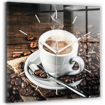 Hodiny Nástěnné čtvercové skleněné hodiny s motivem Šálek a kávových zrn 30x30 cm