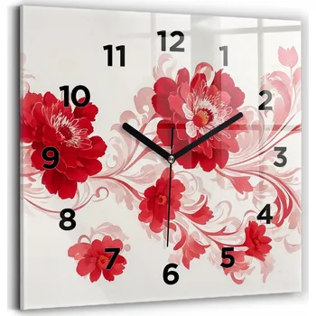 Hodiny Hodiny Tvrzené Sklo Tiché Klasické Nástěnné Červené květy 30x30