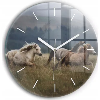 Hodiny Moderní skleněné hodiny s grafikou na zeď Cválající koně kulatý průměr 30 cm