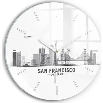 Hodiny Moderní skleněné nástěnné hodiny s potiskem Panorama San Francisco průměr 30 cm