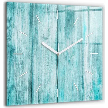 Hodiny Čtvercové Skleněné Nástěnné Hodiny s Motivem Modré Staré Dřevo 60x60 cm