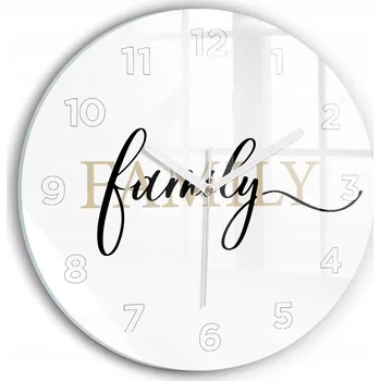 Hodiny Moderní skleněné nástěnné hodiny s potiskem Nápis Family kulatý průměr 30 cm
