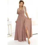 581-4 JENNIFER třpytivé dlouhé šaty s rukávy a výstřihem - MOCHA MOUSSE WITH BROKER XXL