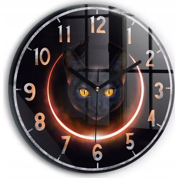 Hodiny Skleněné nástěnné hodiny do kanceláře se stylovým potiskem Magická kočka fi30 cm