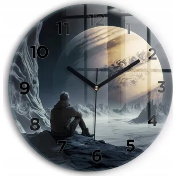 Hodiny Moderní skleněné hodiny s grafikou na zeď Muž na pozadí měsíce průměr 30 cm