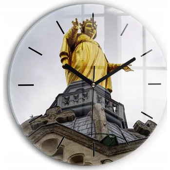 Hodiny Moderní skleněné nástěnné hodiny Socha Panny Marie z Lyonu kulatý průměr 30 cm