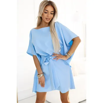 Dámská móda 287-36 SOFIA Motýlí šaty se zavazováním v pase - pastelově MODRÉ L/XL