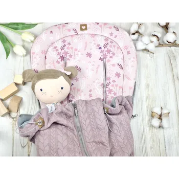 SET Podložka prodloužená (Petite Flora, šedý fleece) + copánková deka (violet pink, šedý fleece)