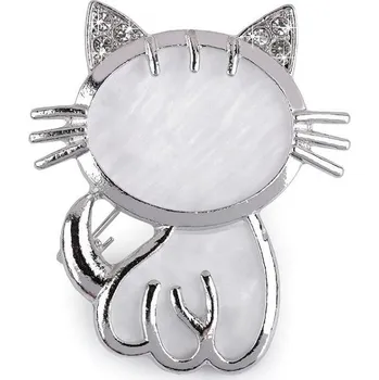 Brož Brož s broušenými kamínky kočka - bílá perleť