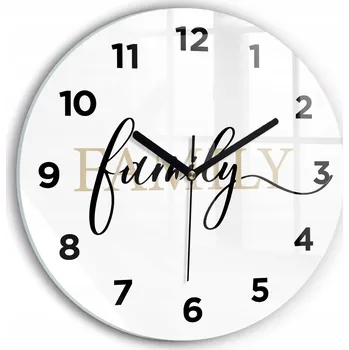 Hodiny Moderní skleněné nástěnné hodiny s potiskem Nápis Family kulatý průměr 30 cm