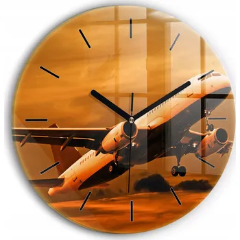 Hodiny Kulatý Skleněné Nástěnné Hodiny do Obýváku s Motivem Cesty Letadlem průměr 30 cm