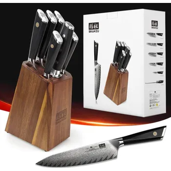 Kuchyňský nůž Shanzu Sada 7ks nožů Shark se stojanem Damašková ocel/G10 Shan Zu