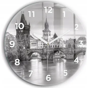 Hodiny Skleněné nástěnné hodiny do moderního interiéru Karlův most v Praze průměr 60 cm
