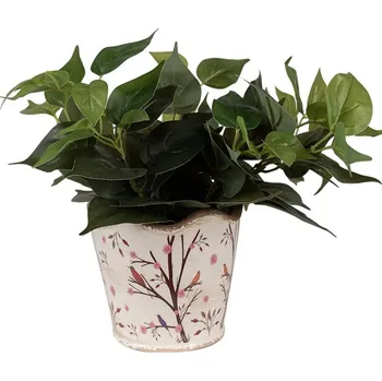 Obal na květináč Béžový keramický obal na květináč s květy a ptáčky Birdie - Ø 16*15 cm