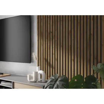 Obklad Lamele 3D ATYPICKÝ PRODUKT - Akustický panel - DUB WOTAN, MDF + FOLIE FINISH 3D, ČERNÝ akustický podklad FILC, 250 x 2722 mm