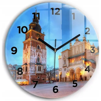 Hodiny Moderní skleněné hodiny s grafikou na zeď Hlavní náměstí v Krakově průměr 30 cm