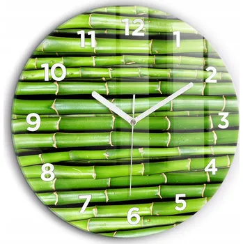 Hodiny Skleněné foto hodiny na zeď Bambus Asijský bílé ručičky kulatý průměr 60 cm