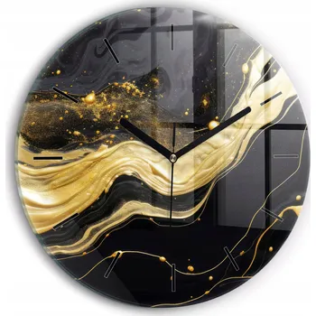 Hodiny Moderní skleněné foto hodiny na zeď tichý mechanismus Zlatý mramor průměr 30 cm