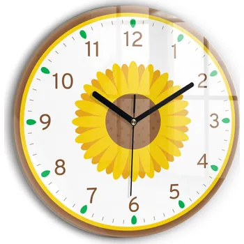 Hodiny Kulatý Skleněné Nástěnné Hodiny do Obýváku s Motivem Slunečnice fi30 cm