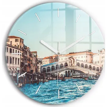 Hodiny Moderní skleněné nástěnné hodiny s potiskem Most Rialto v Benátkách průměr 30 cm