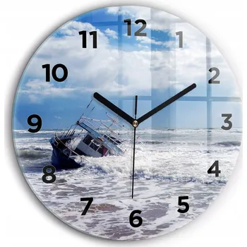 Hodiny Tiché skleněné nástěnné hodiny Potopená loď s vodou, černé ručičky, průměr 60 cm