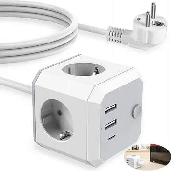 Napájecí kabel Prodlužovací kabel 7v1 Magic Cube – 4 zásuvky, 2 USB, 1 USB-C + kabel 1,8 m