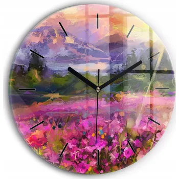 Hodiny Čtvercové Skleněné Nástěnné Hodiny s Motivem Louka při západu slunce fi30 cm