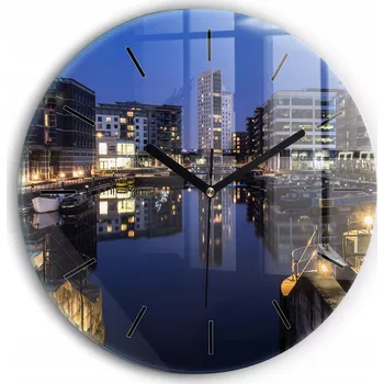 Hodiny Moderní skleněné nástěnné hodiny s potiskem Město osvětlené v noci průměr 30 cm